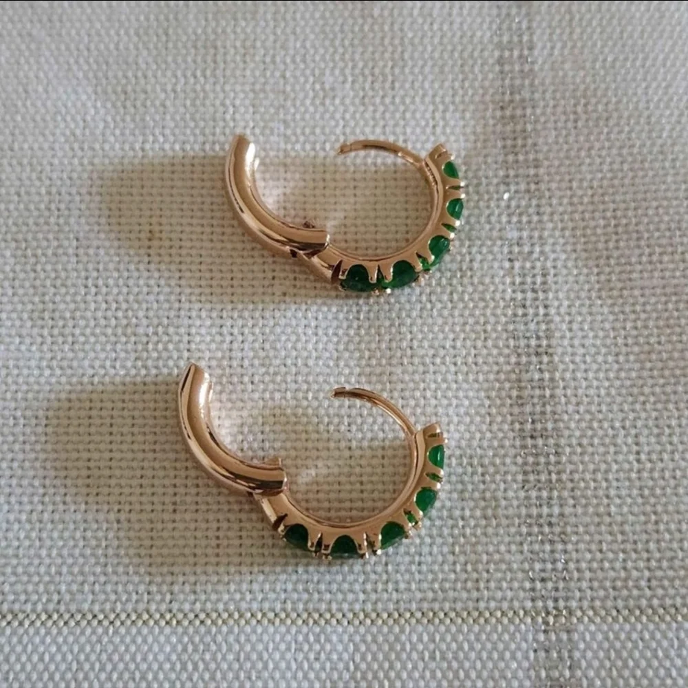 New 14K Gold Plated Emerald Huggie Hoop Earrings for Women - Picture 7 of 10